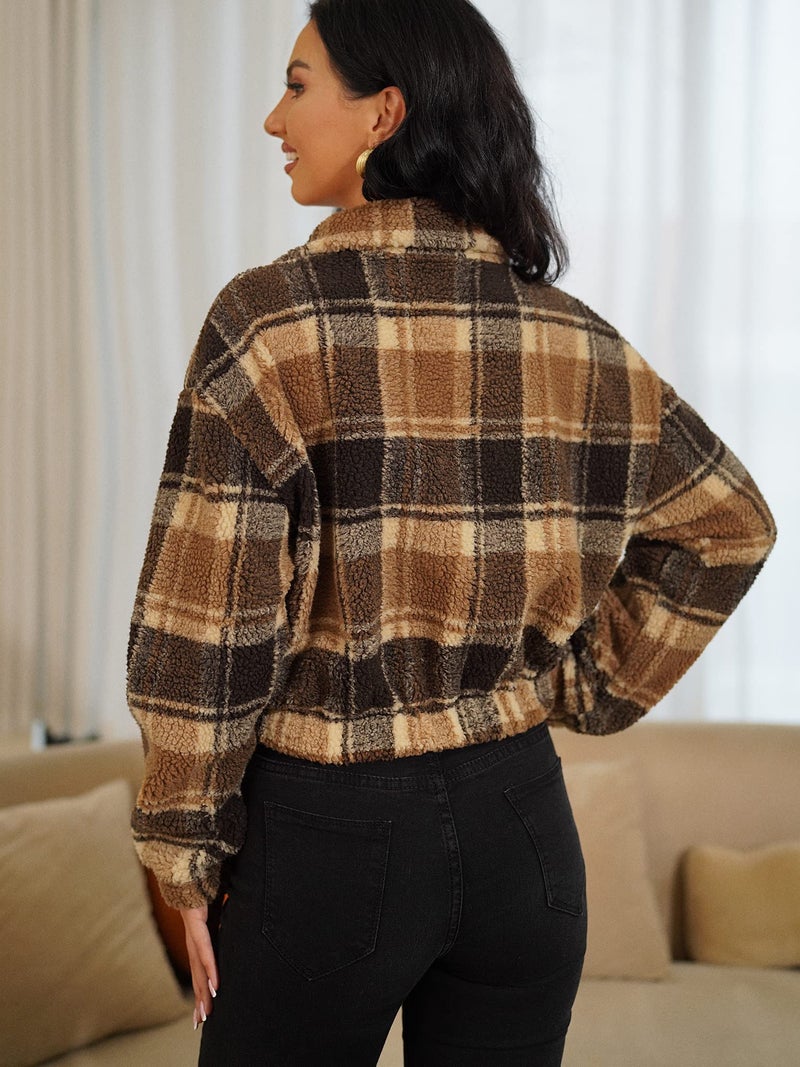 ZAFUL Women's Fashion Long Sleeve Lapel Half Zip Plain Faux Fur Sweatshirt Solid Color Crop Pullover Tops (1-Brown Plaid,L) - Image 4